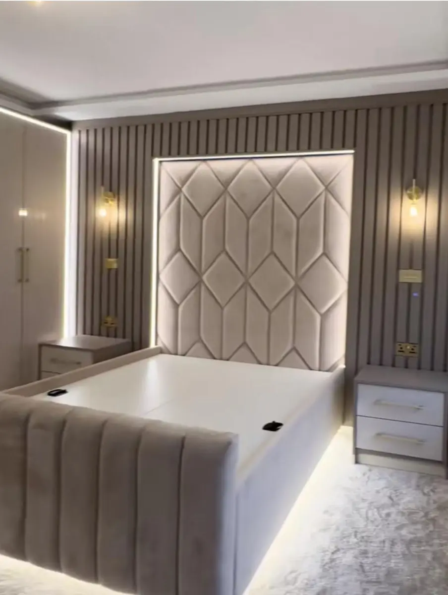 Geometric upholstered headboard and matching bed